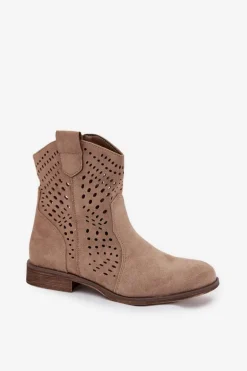 Ażurowe Botki Damskie Na Płaskim Obcasie Beżowe Amisna