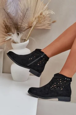 Ażurowe Botki Damskie Na Płaskim Obcasie S.Barski HY51-113 Czarne