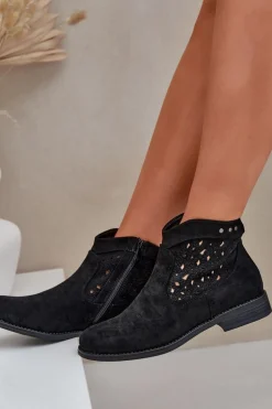 Ażurowe Botki Damskie Na Płaskim Obcasie S.Barski HY51-113 Czarne