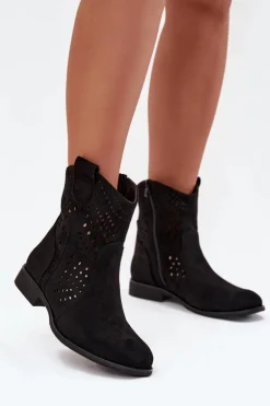 Ażurowe Botki Damskie Na Płaskim Obcasie Czarne Amisna