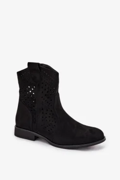 Ażurowe Botki Damskie Na Płaskim Obcasie Czarne Amisna