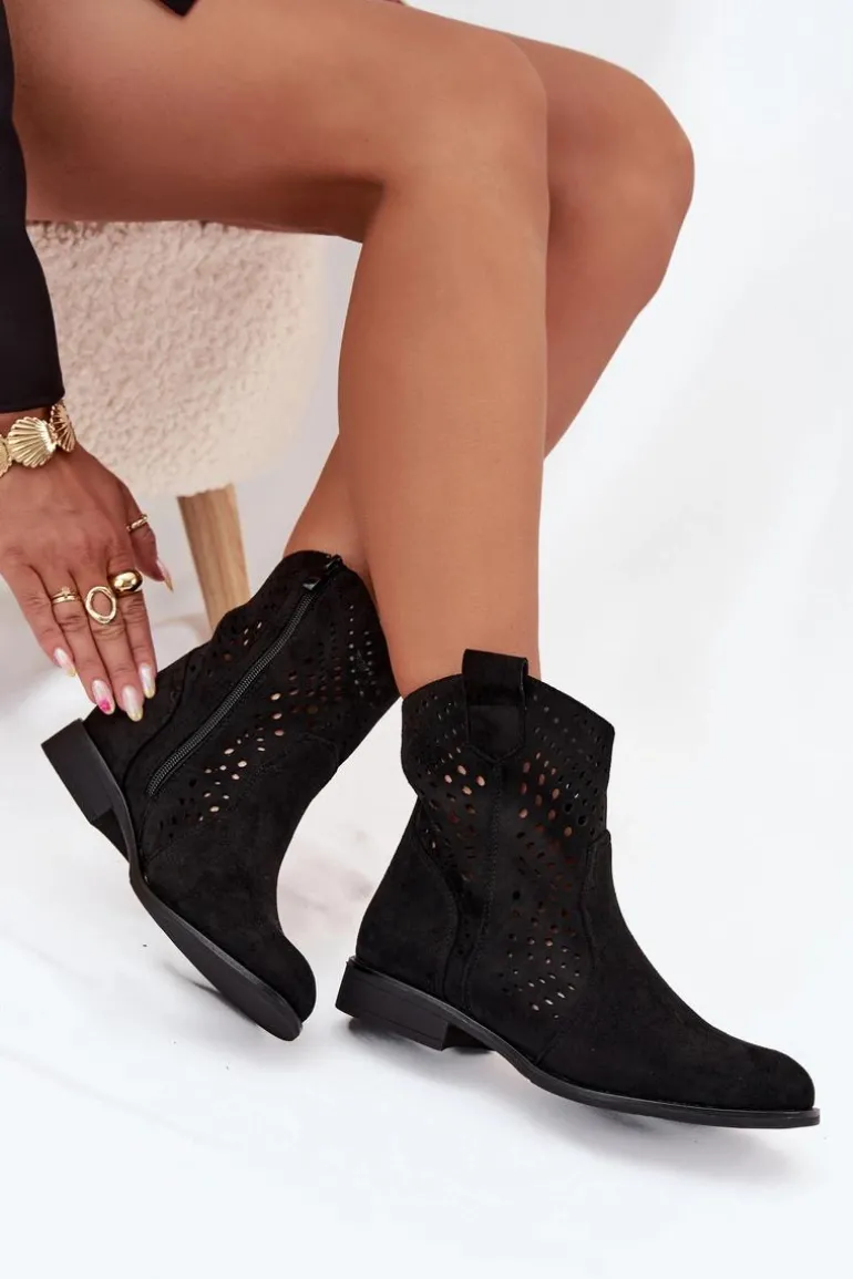 Ażurowe Botki Damskie Na Płaskim Obcasie Czarne Amisna