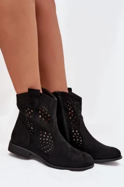 Ażurowe Botki Damskie Na Płaskim Obcasie Czarne Amisna