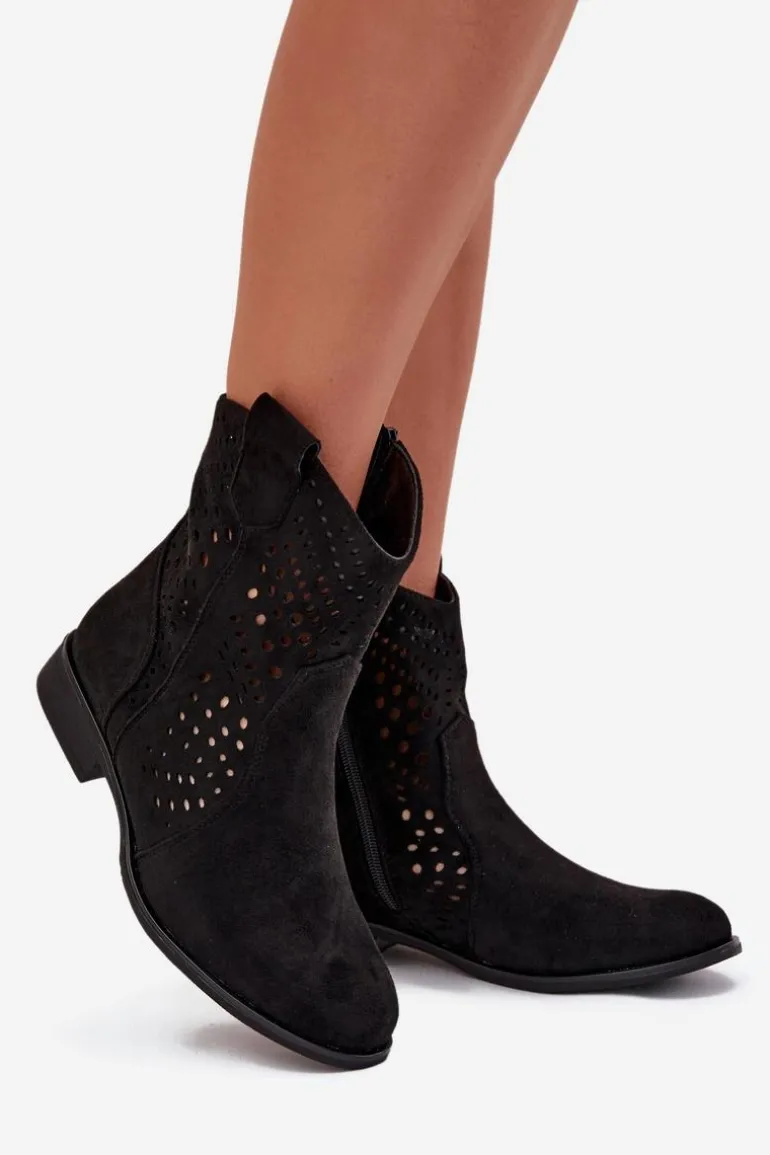 Ażurowe Botki Damskie Na Płaskim Obcasie Czarne Amisna