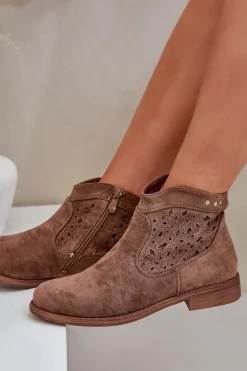 Ażurowe Botki Damskie Na Płaskim Obcasie S.Barski HY51-113 Brązowe