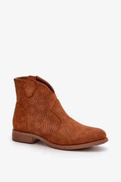 Ażurowe Botki Damskie Na Płaskim Obcasie Camel S.Barski HY42-151