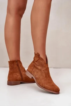 Ażurowe Botki Damskie Na Płaskim Obcasie Camel S.Barski HY42-151