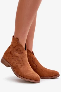 Ażurowe Botki Damskie Na Płaskim Obcasie Camel S.Barski HY42-151