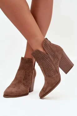 Ażurowe Botki Damskie Na Słupku S.Barski HY51-060 Brązowe