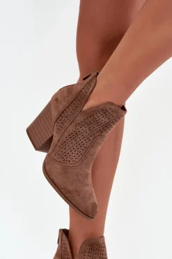 Ażurowe Botki Damskie Na Słupku S.Barski HY51-060 Brązowe