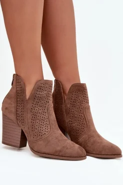 Ażurowe Botki Damskie Na Słupku S.Barski HY51-060 Brązowe
