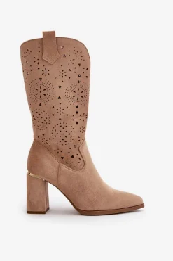 Ażurowe Botki Damskie Na Słupku Z Noskami W Szpic Eko Zamszowe Ciemnobeżowe Nevithra