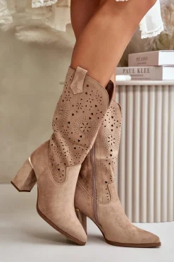 Ażurowe Botki Damskie Na Słupku Z Noskami W Szpic Eko Zamszowe Ciemnobeżowe Nevithra