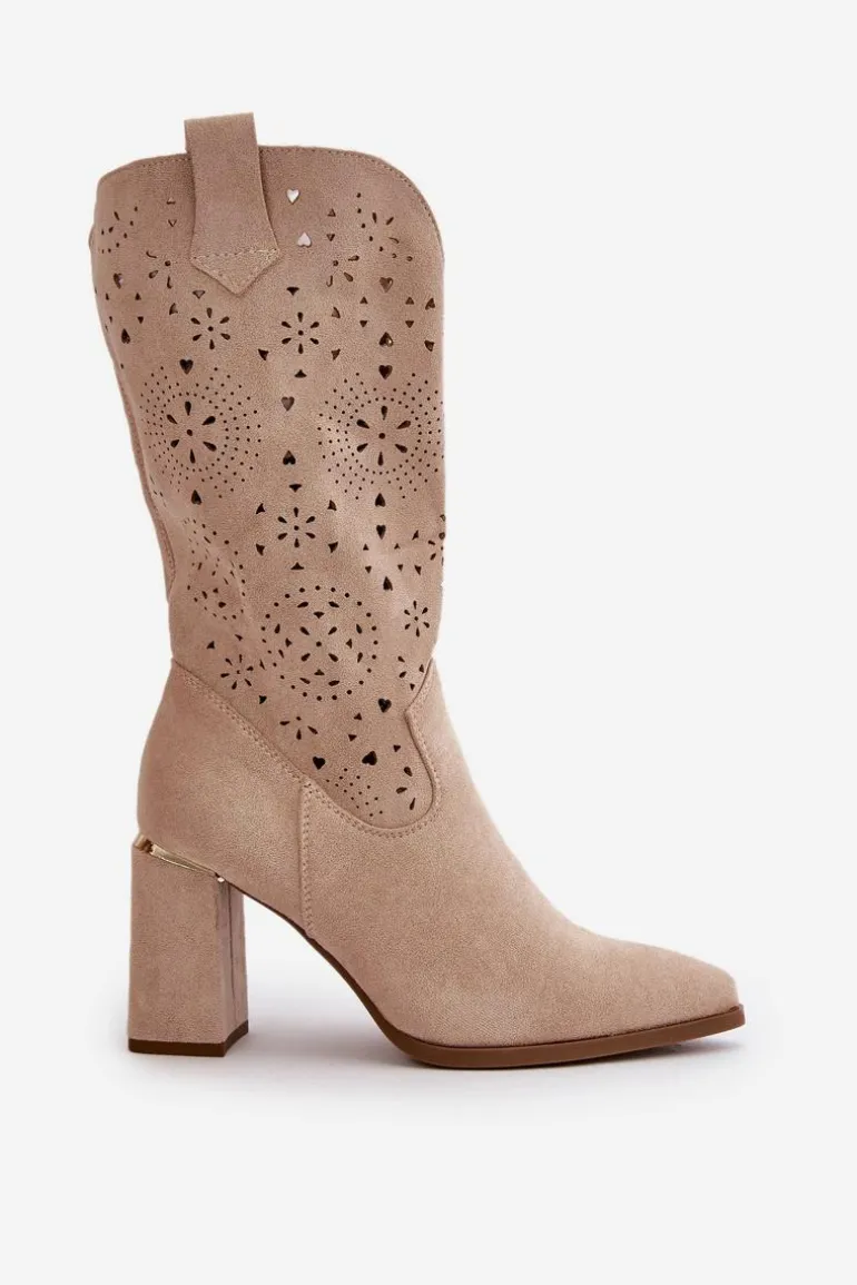 Ażurowe Botki Damskie Na Słupku Z Noskami W Szpic Eko Zamszowe Beżowe Nevithra