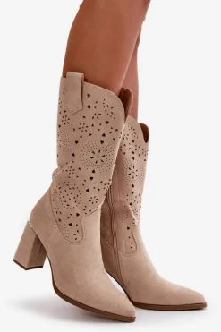 Ażurowe Botki Damskie Na Słupku Z Noskami W Szpic Eko Zamszowe Beżowe Nevithra