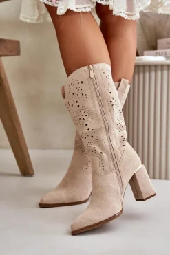 Ażurowe Botki Damskie Na Słupku Z Noskami W Szpic Eko Zamszowe Beżowe Nevithra
