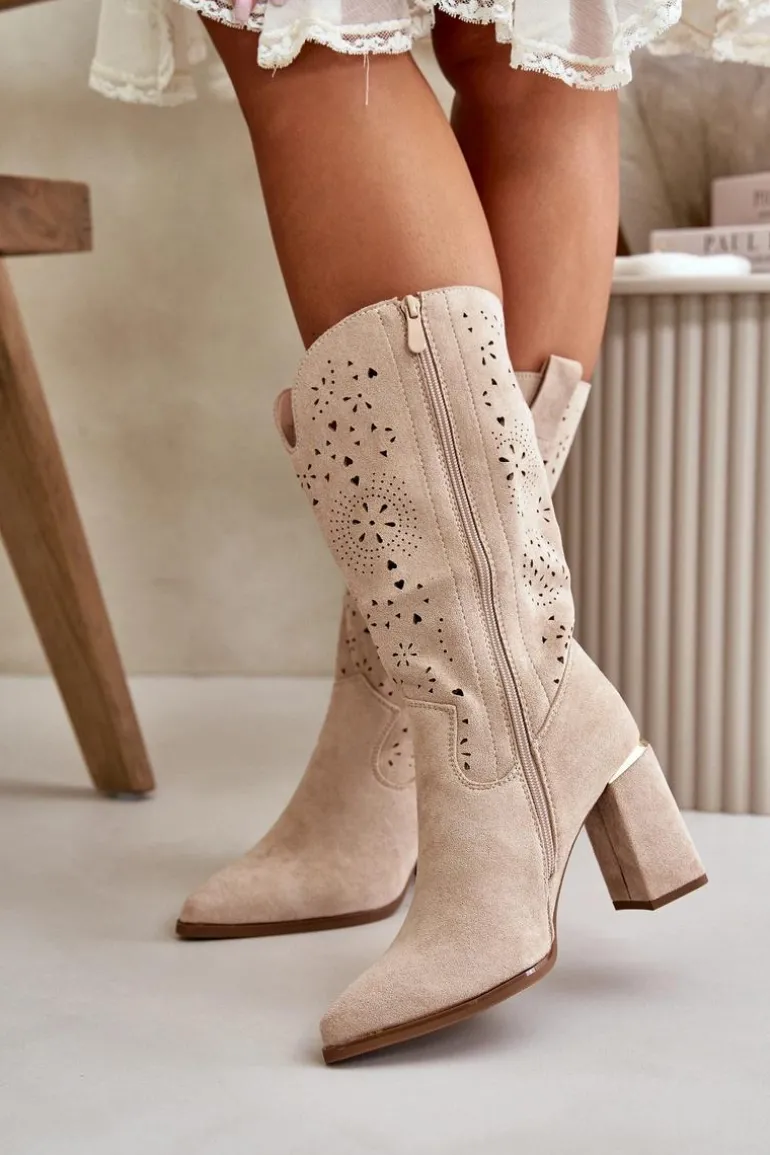Ażurowe Botki Damskie Na Słupku Z Noskami W Szpic Eko Zamszowe Beżowe Nevithra