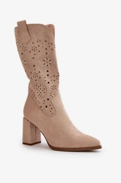 Ażurowe Botki Damskie Na Słupku Z Noskami W Szpic Eko Zamszowe Beżowe Nevithra