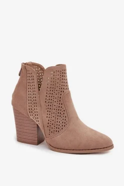Ażurowe Botki Damskie Na Słupku S.Barski HY51-060 Beżowe