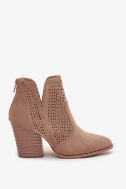 Ażurowe Botki Damskie Na Słupku S.Barski HY51-060 Beżowe