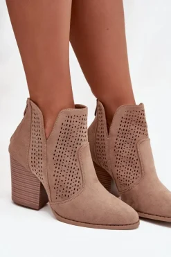 Ażurowe Botki Damskie Na Słupku S.Barski HY51-060 Beżowe