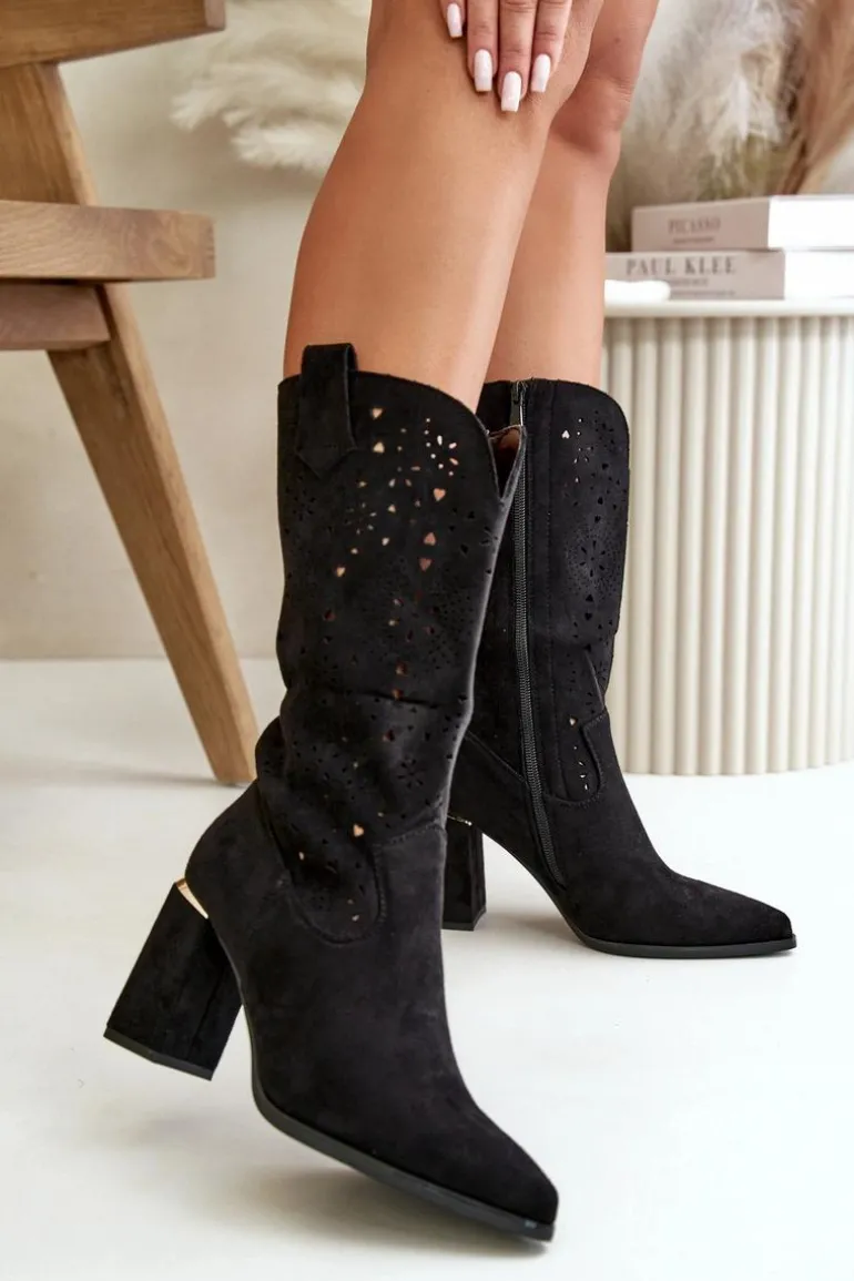 Ażurowe Botki Damskie Na Słupku Z Noskami W Szpic Eko Zamszowe Czarne Nevithra