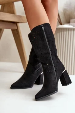 Ażurowe Botki Damskie Na Słupku Z Noskami W Szpic Eko Zamszowe Czarne Nevithra