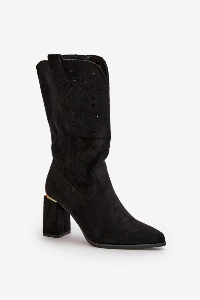 Ażurowe Botki Damskie Na Słupku Z Noskami W Szpic Eko Zamszowe Czarne Nevithra