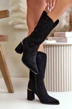 Ażurowe Botki Damskie Na Słupku Z Noskami W Szpic Eko Zamszowe Czarne Nevithra