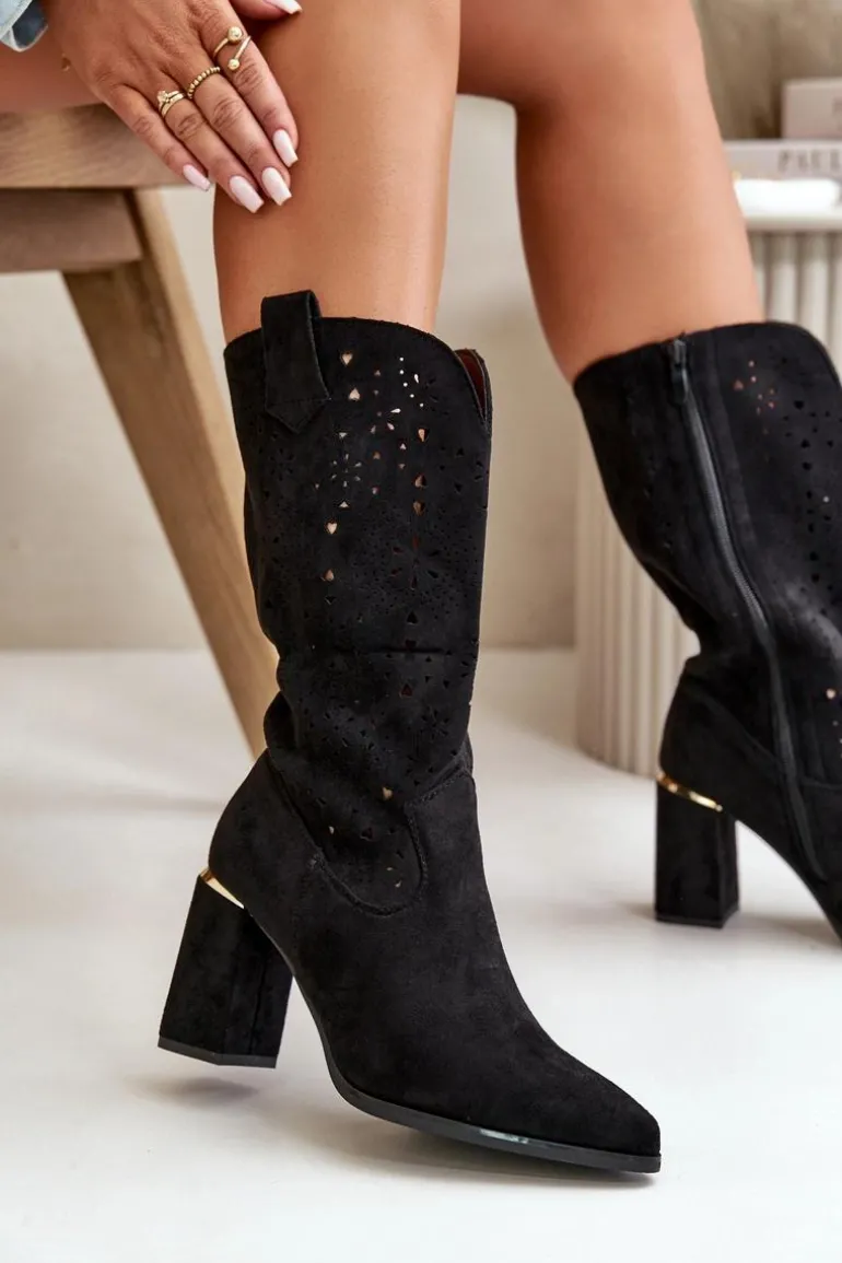 Ażurowe Botki Damskie Na Słupku Z Noskami W Szpic Eko Zamszowe Czarne Nevithra
