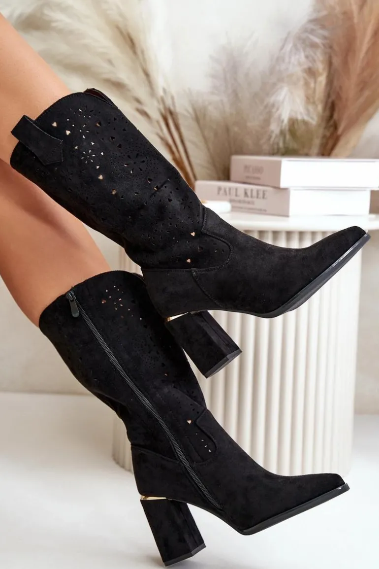 Ażurowe Botki Damskie Na Słupku Z Noskami W Szpic Eko Zamszowe Czarne Nevithra