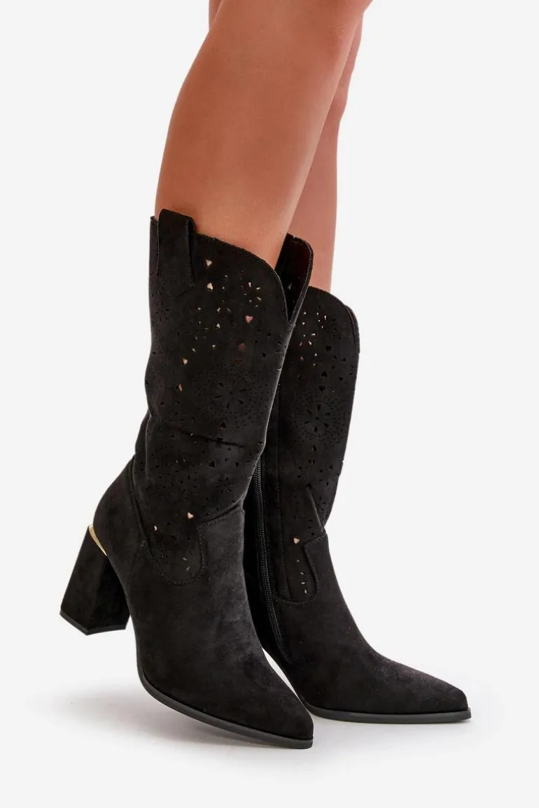 Ażurowe Botki Damskie Na Słupku Z Noskami W Szpic Eko Zamszowe Czarne Nevithra