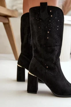 Ażurowe Botki Damskie Na Słupku Z Noskami W Szpic Eko Zamszowe Czarne Nevithra