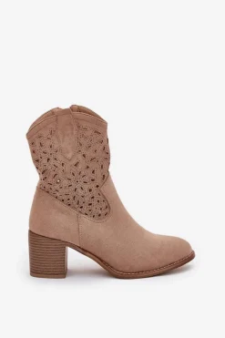 Ażurowe Botki Kowbojki Damskie Na Obcasie S.Barski HY51-125 Beżowe