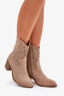 Ażurowe Botki Kowbojki Damskie Na Obcasie S.Barski HY51-125 Beżowe