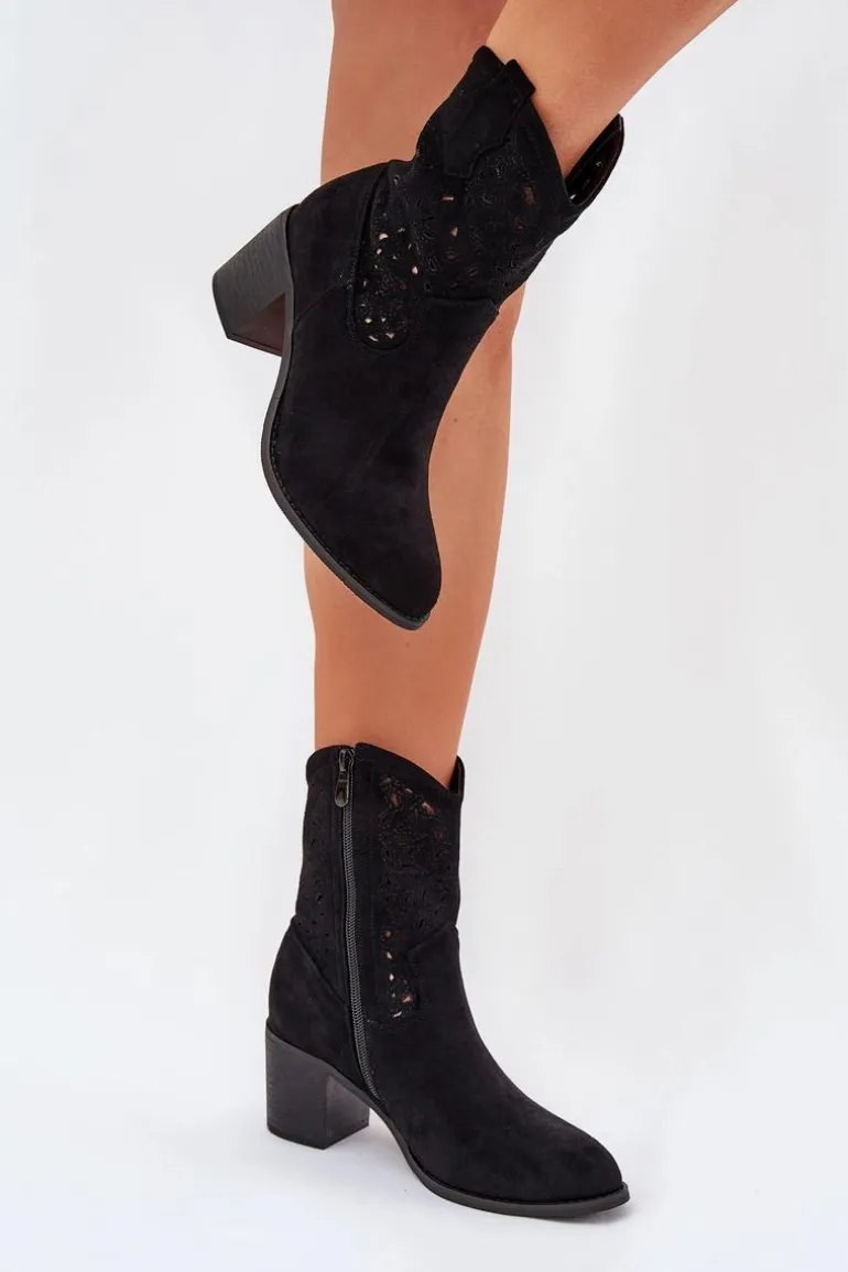 Ażurowe Botki Kowbojki Damskie Na Obcasie S.Barski HY51-125 Czarne