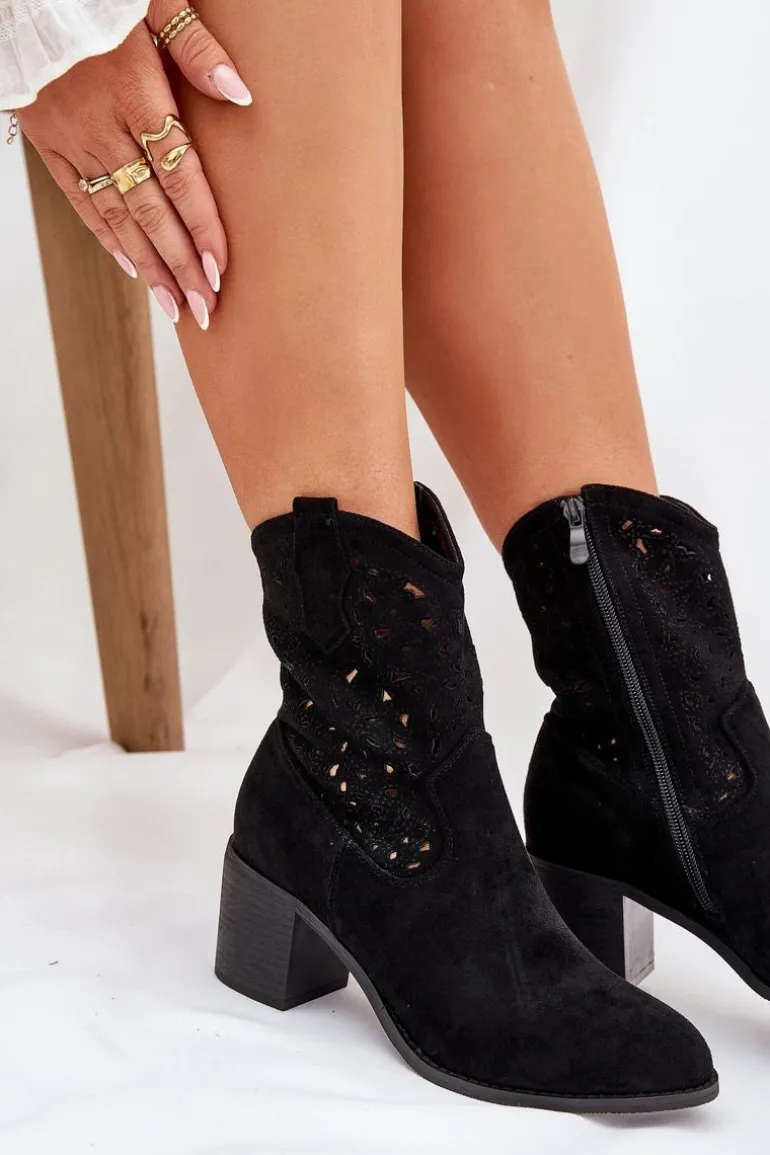 Ażurowe Botki Kowbojki Damskie Na Obcasie S.Barski HY51-125 Czarne