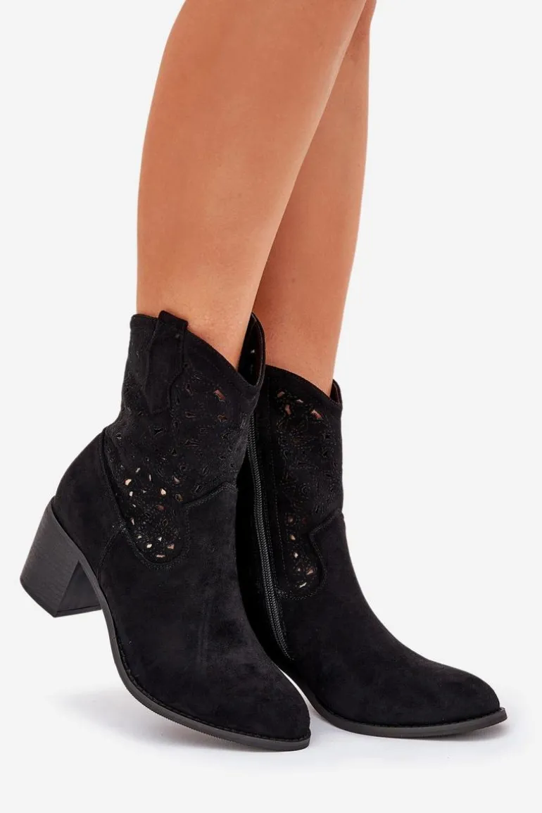 Ażurowe Botki Kowbojki Damskie Na Obcasie S.Barski HY51-125 Czarne