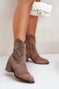 Ażurowe Botki Kowbojki Damskie Na Obcasie S.Barski HY51-125 Brązowe