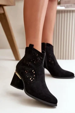 Ażurowe Botki Kowbojki Na Słupku Zapinane Na Zamek Czarne Vosilara