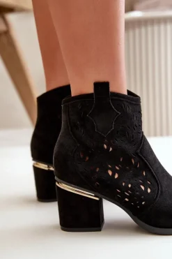 Ażurowe Botki Kowbojki Na Słupku Zapinane Na Zamek Czarne Vosilara