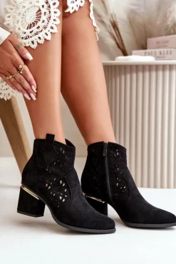Ażurowe Botki Kowbojki Na Słupku Zapinane Na Zamek Czarne Vosilara
