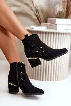 Ażurowe Botki Kowbojki Na Słupku Zapinane Na Zamek Czarne Vosilara