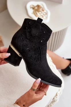 Ażurowe Botki Kowbojki Na Słupku Zapinane Na Zamek Czarne Vosilara