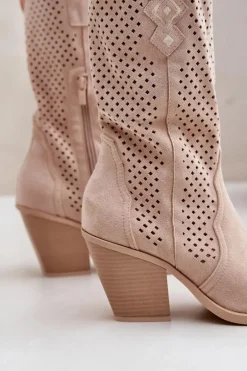 Ażurowe Botki Kowbojki Na Słupku Jasnobeżowe Salive