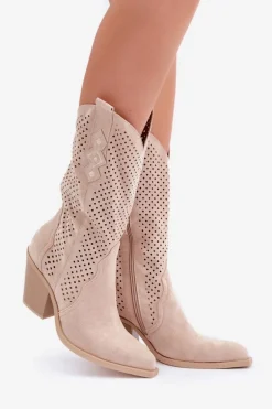 Ażurowe Botki Kowbojki Na Słupku Jasnobeżowe Salive