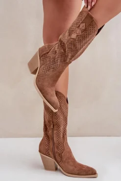 Ażurowe Botki Kowbojki Na Słupku Brązowe Salive