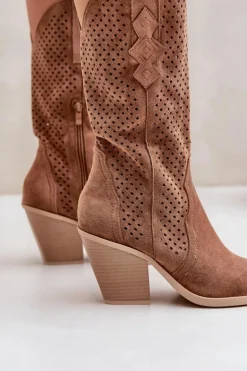 Ażurowe Botki Kowbojki Na Słupku Brązowe Salive