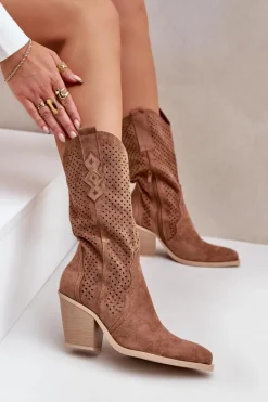Ażurowe Botki Kowbojki Na Słupku Brązowe Salive