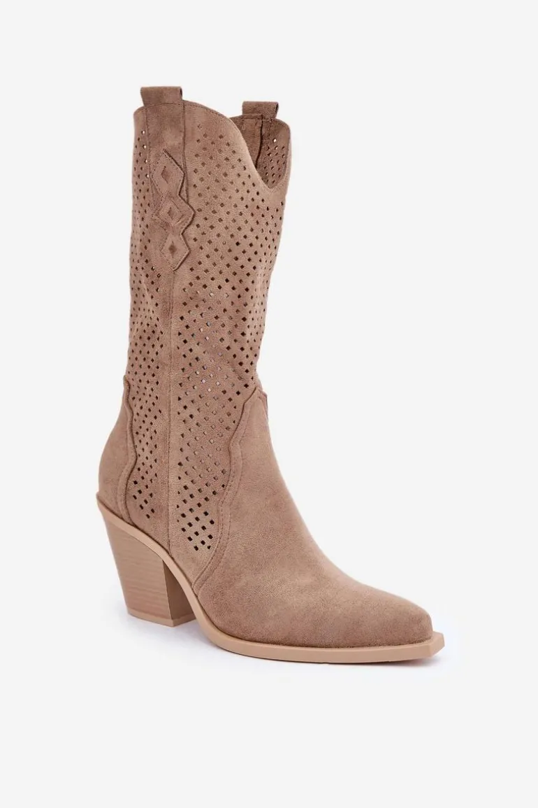 Ażurowe Botki Kowbojki Na Słupku Ciemnobeżowe Salive